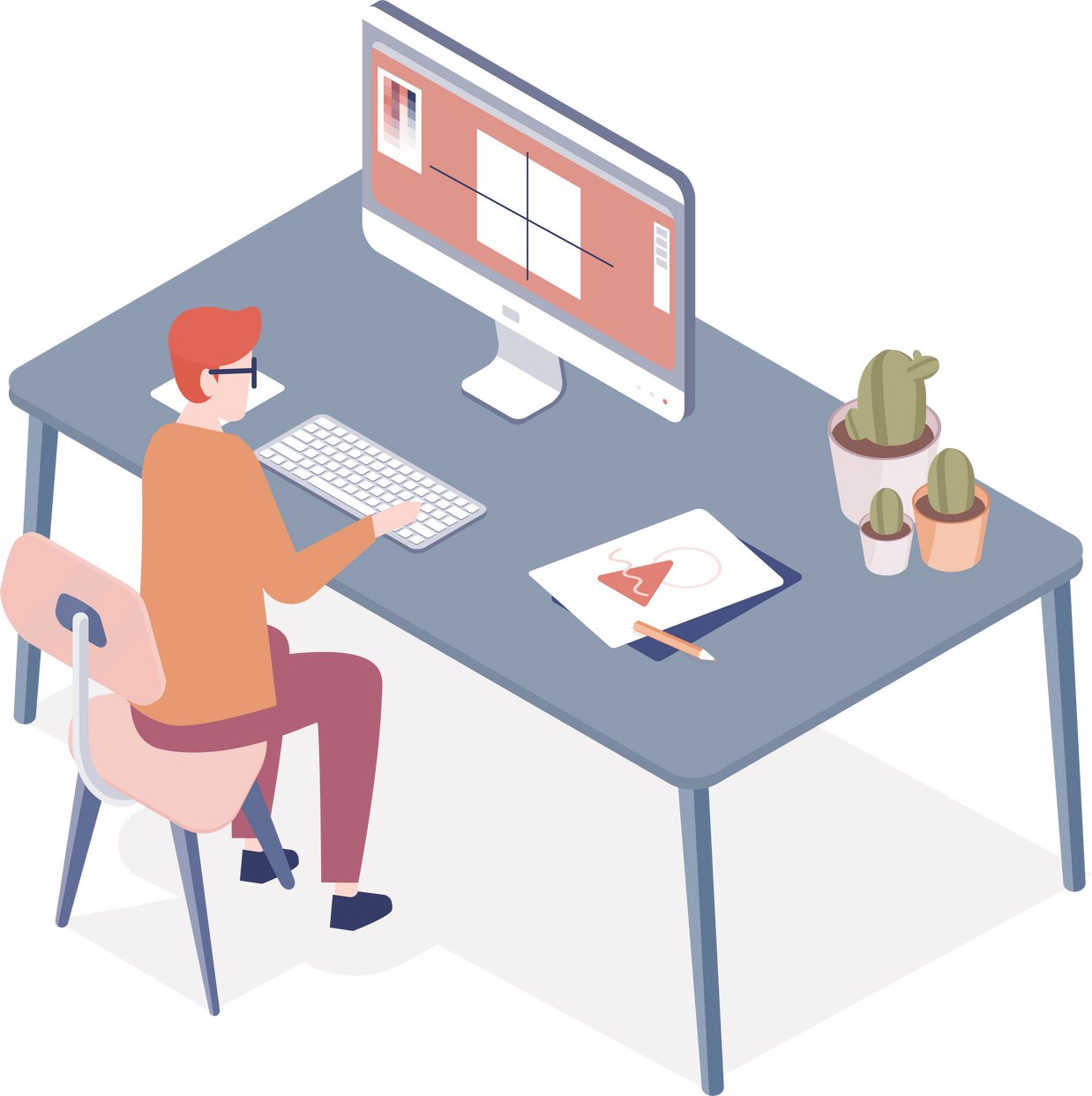 Professional designer sitting at desk and preparing files for print. Printshop specialist working. Creative illustrator workplace. Vector isometric illustration isolated on white background